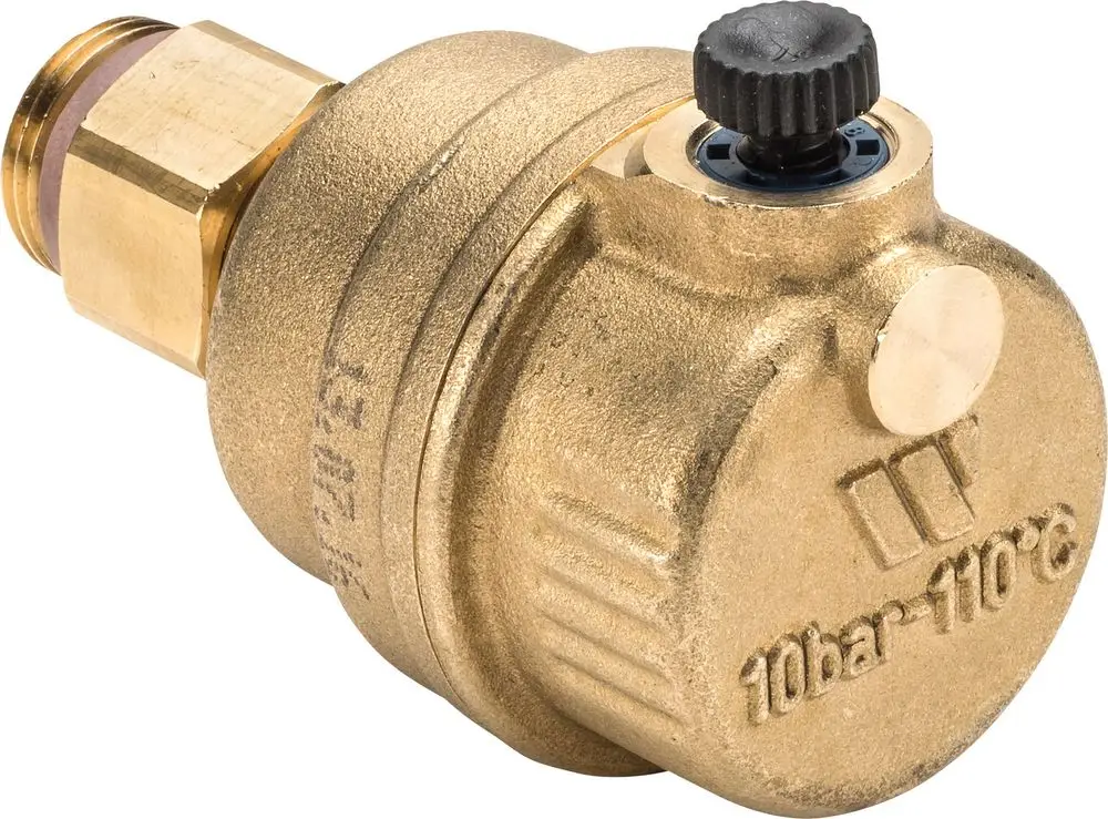 Automatischer Entlüfter in goldener Farbe, mit verstellbarem Drehknopf, für die Installation an Solewärmepumpen, möglicherweise von Bosch.